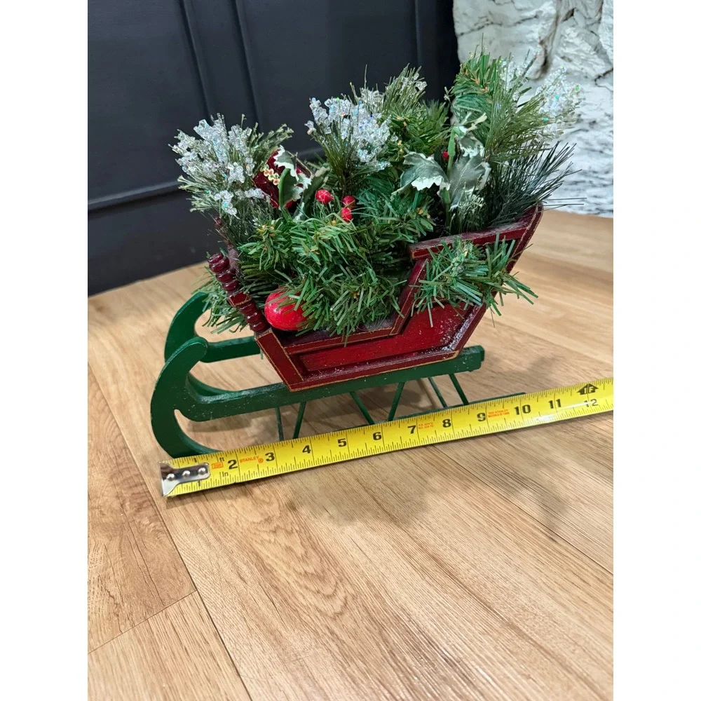 Vintage Christmas Wood Sleigh Centerpiece Red Green Floral Arrangement Decor